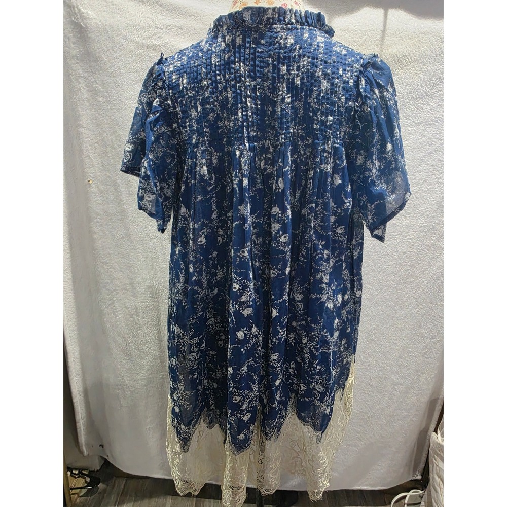 Free People Marigold Blue Floral Lace Trim Mini Boho Tunic Romantic Fairycore XS - Picture 6 of 10